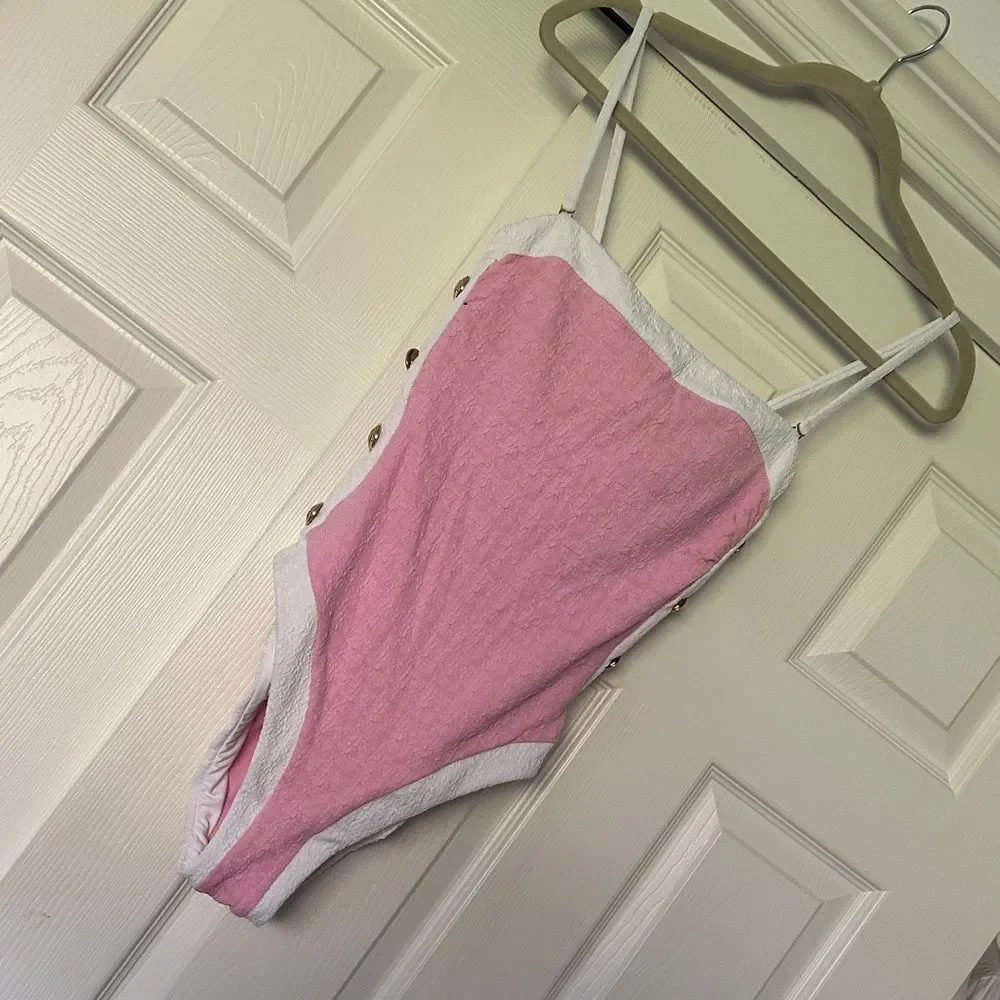 L'AGENCE Pink and White One Piece Swimsuit color block